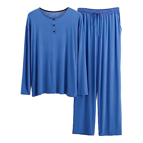 Hausanzug Schlafanzug Herren Lang aus Modal Baumwolle mit Bündchen Zweiteiliger V-Ausschnitt Pyjama Set Winter Schlafanzüge Männer Nachtwäsche Langarm von Beokeuioe