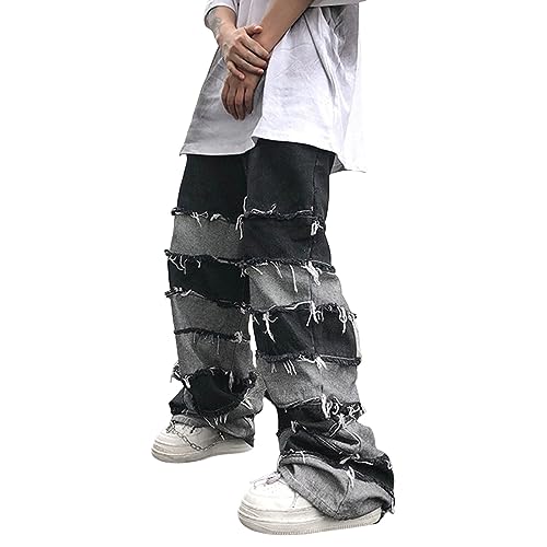 Herren Destroyed Stretch Jeans Slim Fit Jeans Skinny Hip Hop Denim Hose Mit Löchern Für Männer Zerrissene Jeans Schwarze Vintage Freizeithose Patchwork Jeans von Beokeuioe