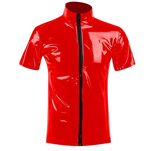 Beokeuioe Herren Lack-Optik Jacke Männer T-Shirt Unterhemd Wetlook Oberteile Muskelshirt Lack Leder Mesh mit Stehkragen Sexy Party Clubwear Lack Optik Wetlook bluse von Beokeuioe