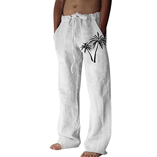 Herren Leinenhosen Leicht Sommerhose Lange Casual Langer Hosen Freizeithosen mit weitem Bein elastischer Taille mit praktischen Taschen Strandhose von Beokeuioe