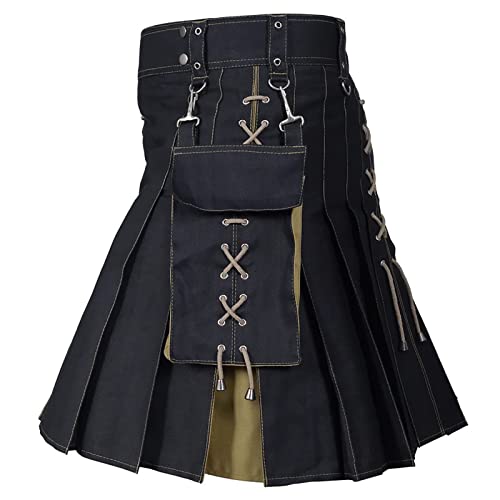 Beokeuioe Herren Mode Vintage Gothic Punk Rock Leder Patchwork Pocket Knight Rock Traditioneller Kilt mittelalterlicher Krieger Kilt Herren Mode Schottischer Rock… von Beokeuioe