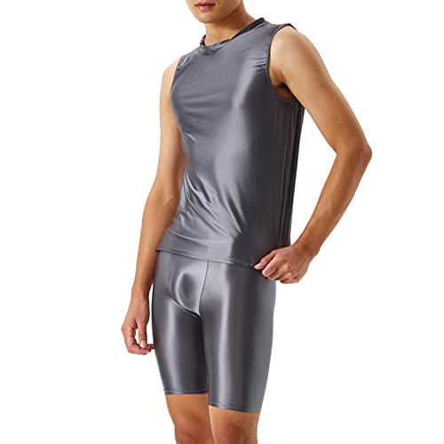 Herren ÖL Glanz short + top sexy seidige transparente Hose+Weste Männer glänzender Anzug Anzug Bodybuilding Anzug Kurzarm mit Bein Kompression Unterwäsche von Beokeuioe