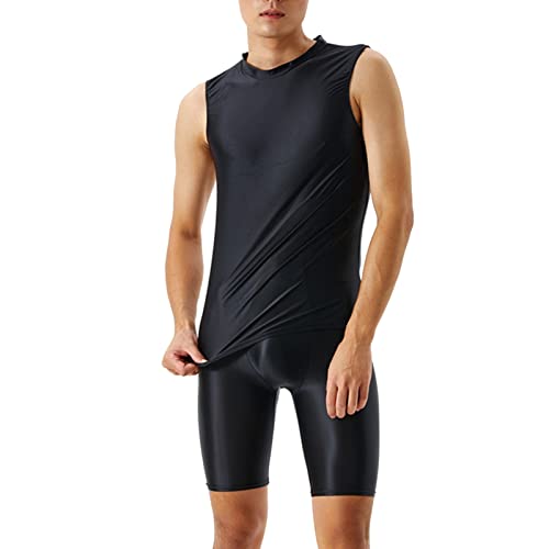 Herren ÖL Glanz short + top sexy seidige transparente Hose+Weste Männer glänzender Anzug Anzug Bodybuilding Anzug Kurzarm mit Bein Kompression Unterwäsche von Beokeuioe