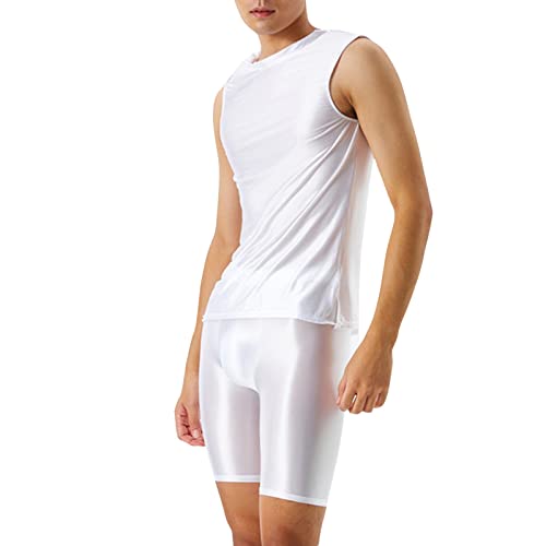 Herren ÖL Glanz short + top sexy seidige transparente Hose+Weste Männer glänzender Anzug Anzug Bodybuilding Anzug Kurzarm mit Bein Kompression Unterwäsche von Beokeuioe