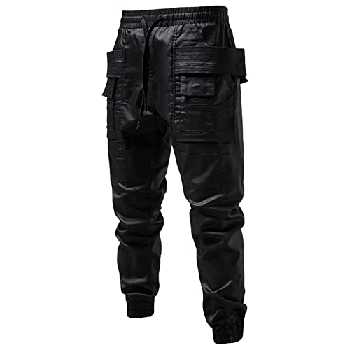 Herren Schwarz Techwear Hose Hip Hop Hose Männlich All Season Fitted Pants Lässige Leder Full Solid Color Pants Fashion Beach Pocket Pants Bequeme Schicke Hose Herren von Beokeuioe