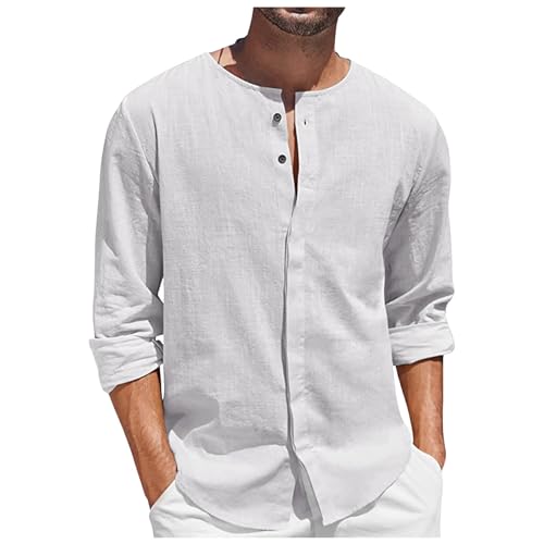 Herren Sommerhemd Baumwolle Langarm Regular Fit Shirts Leinen Hemd Herren Ohne-Kragen Lässiges Strandhemd Lässiges Freizeithemden Für Herren Weiss Langarmhemden von Beokeuioe