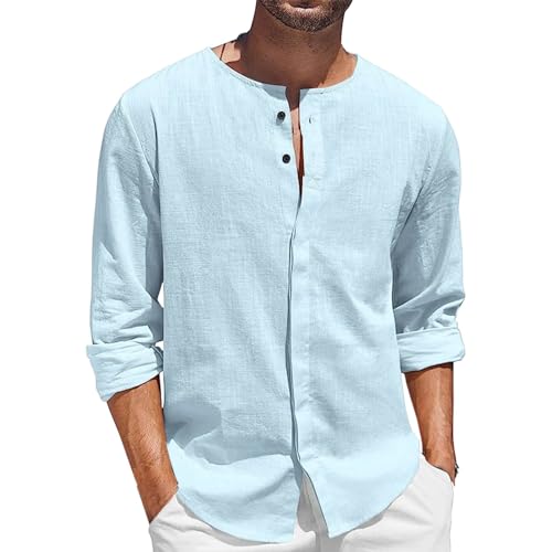 Herren Sommerhemd Baumwolle Langarm Regular Fit Shirts Leinen Hemd Herren Ohne-Kragen Lässiges Strandhemd Lässiges Freizeithemden Für Herren Weiss Langarmhemden von Beokeuioe