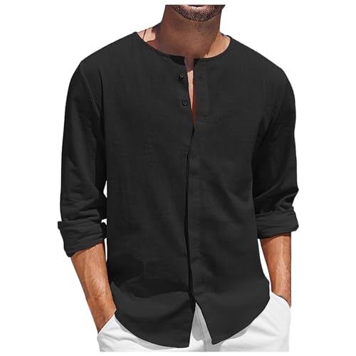 Herren Sommerhemd Baumwolle Langarm Regular Fit Shirts Leinen Hemd Herren Ohne-Kragen Lässiges Strandhemd Lässiges Freizeithemden Für Herren Weiss Langarmhemden von Beokeuioe