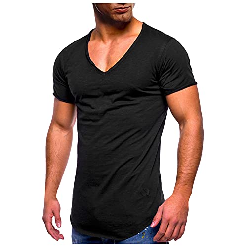 Herren Uni T-Shirt mit extra tiefem V-Ausschnitt Slimfit deep V-Neck Stretch dehnbar einfarbiges Basic Shirt t-shirt Kurzarm top casual sommer bluse Bottoming Unterhemd von Beokeuioe