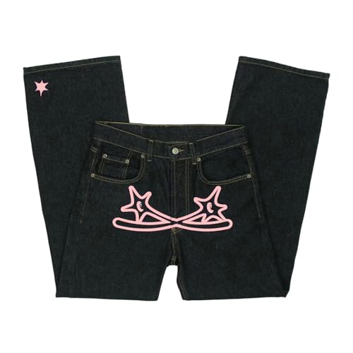 Jeans Herren Y2K Print Jeanshose Protect Brief Drucken Denim Hose Lockere Jogginghose Schwarze Cargohose Baggy Hip Hop Streetwear von Beokeuioe