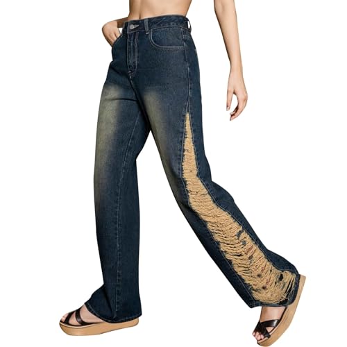 Jeanshosen Baggy Jeans Damen Middle Waist Zerrissen Weites Bein Boyfriend Jeans Straight Jeans Hosen Y2K Casual Lose Damenhose Freizeithose Locker Denim Pants Used-Look von Beokeuioe