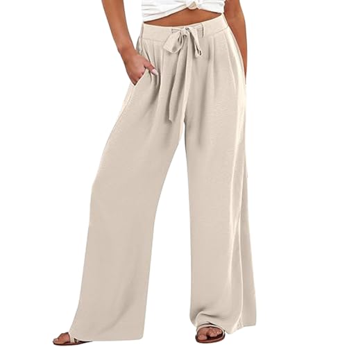 Leinenhose Damen Sommer Lange Hose Baumwolle Musselin Hosen Casual Lose Stoffhose Einfarbig Elegant Strandhose Leicht Bequem Sommerhose Weite Beine mit Taschen Freizeithose von Beokeuioe