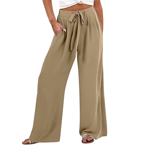 Leinenhose Damen Sommer Lange Hose Baumwolle Musselin Hosen Casual Lose Stoffhose Einfarbig Elegant Strandhose Leicht Bequem Sommerhose Weite Beine mit Taschen Freizeithose von Beokeuioe