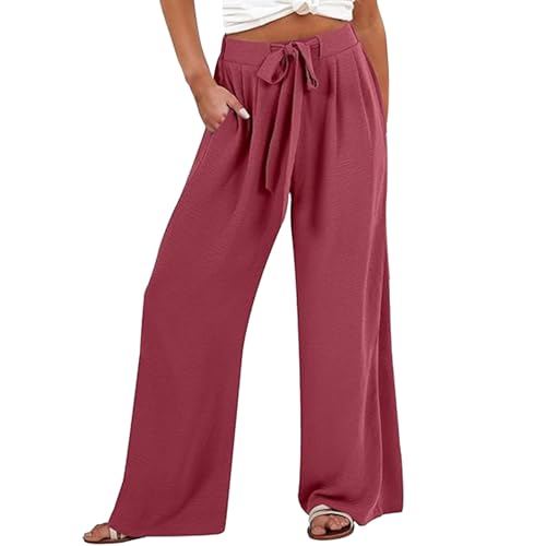 Leinenhose Damen Sommer Lange Hose Baumwolle Musselin Hosen Casual Lose Stoffhose Einfarbig Elegant Strandhose Leicht Bequem Sommerhose Weite Beine mit Taschen Freizeithose von Beokeuioe