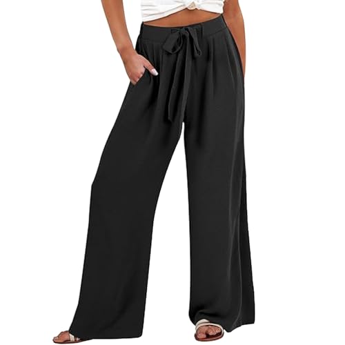Leinenhose Damen Sommer Lange Hose Baumwolle Musselin Hosen Casual Lose Stoffhose Einfarbig Elegant Strandhose Leicht Bequem Sommerhose Weite Beine mit Taschen Freizeithose von Beokeuioe