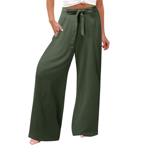 Leinenhose Damen Sommer Lange Hose Baumwolle Musselin Hosen Casual Lose Stoffhose Einfarbig Elegant Strandhose Leicht Bequem Sommerhose Weite Beine mit Taschen Freizeithose von Beokeuioe