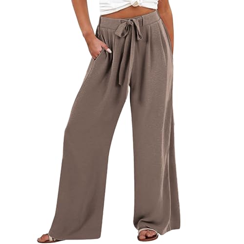 Leinenhose Damen Sommer Lange Hose Baumwolle Musselin Hosen Casual Lose Stoffhose Einfarbig Elegant Strandhose Leicht Bequem Sommerhose Weite Beine mit Taschen Freizeithose von Beokeuioe
