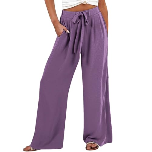 Leinenhose Damen Sommer Lange Hose Baumwolle Musselin Hosen Casual Lose Stoffhose Einfarbig Elegant Strandhose Leicht Bequem Sommerhose Weite Beine mit Taschen Freizeithose von Beokeuioe