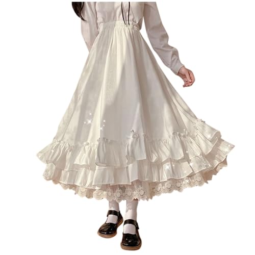 Lolita Rock Lange Spitze Tiered Rüschen Hohe Taille Skirt Frauen Flauschige Faltenröcke Rokoko Barock Midirock Lange Röcke Spitze Maxirock Blumenrock Volant Rock A-Linie von Beokeuioe