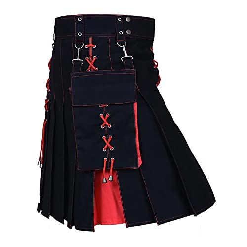 Beokeuioe Mittelalter Schottischer Kilt Herren Rock Vintage Gothic Cargo Faltenrock Fashion Kendo Pocket Röcke Steampunk Kleidung Männer Einfarbig Tartan Utility Kilts Tartan Kilt von Beokeuioe