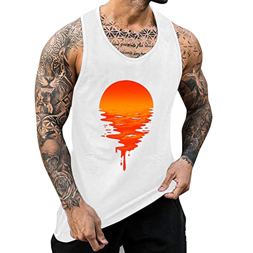 Oversize Herren Vintage T-Shirt Verwaschen V-Neck Basic V-Ausschnitt Shirt Tanktops mit Sommeruntergangssonne für Männer I-förmige, ärmellose Weste mit Y Back Tank Top von Beokeuioe