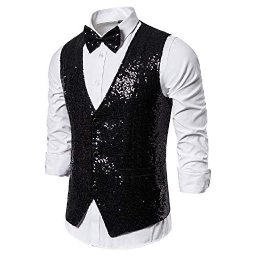 Pailletten Anzugweste Herren mit Fliege, Sequin Weste, Glitzer Gilet ärmellos Disco Jacke Herrenweste Glänzender Faschingskostüm Party Karneval Kostüm Bühne Club Tank Top von Beokeuioe