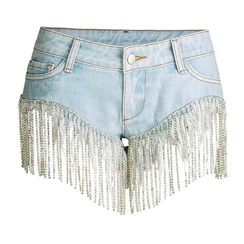 Pailletten Hotpants Mit Perlen Jeans-Shorts für Damen, Sommer-Shorts Hohe Taille, Zerrissene Fransen Kurze Shorts Jeans Nacht Club Wear Party Strand Disco Jeans Bermuda von Beokeuioe