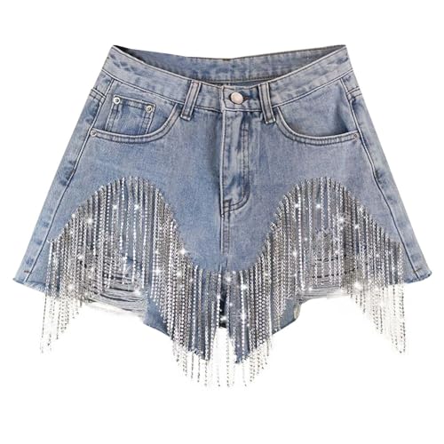 Pailletten Hotpants Mit Perlen Jeans-Shorts für Damen, Sommer-Shorts Hohe Taille, Zerrissene Fransen Kurze Shorts Jeans Nacht Club Wear Party Strand Disco Jeans Bermuda von Beokeuioe