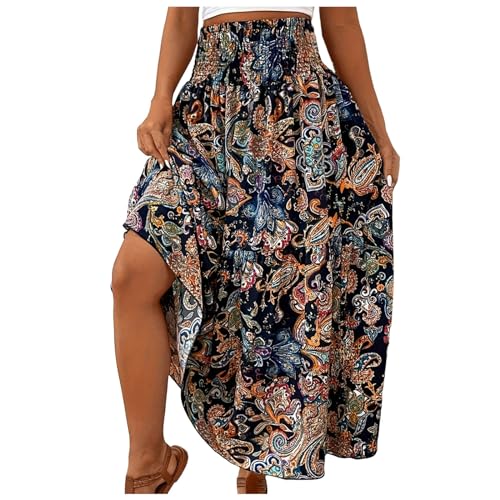 Plisseerock Maxirock Boho Sommerrock Rock Damen Lang Faltenrock Strandkleider Elastische Taille Damen Rock, Boho Plisseerock Maxi Skirt Hohe Taille Geblümter Midi Röcke von Beokeuioe
