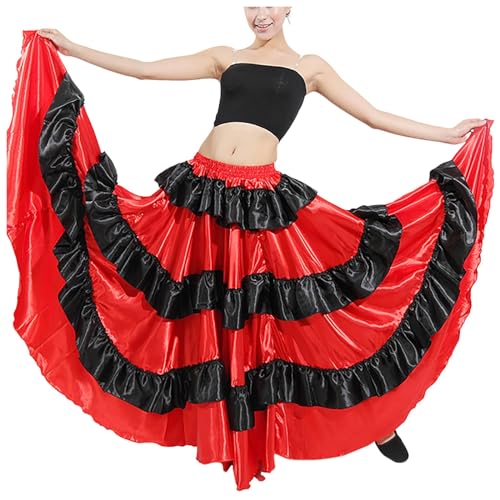 Spanischer Stierkampf-Rock der Frauen Flamenco-Kostüm Tanzkleid Lange Rock Traditionell Röcke Tanzrock Elegant Maxirock Plissierter Rock Plissierter Rock Faltenröcke von Beokeuioe
