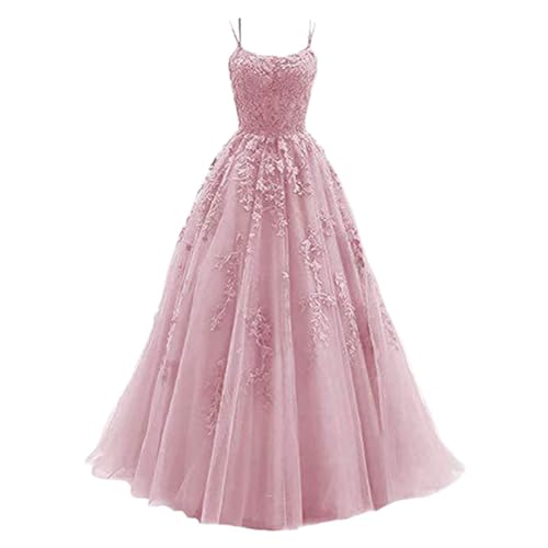 Spitzenapplikationen Abendkleider A Linie formelle Party Abendkle Cocktailkleid Damen Ballkleid aus Tüll mit Spaghettiträgern Lange Brautkleider Maxikleid Tüllkleid von Beokeuioe