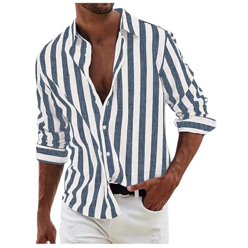 Streifen Hemd für Männer Freizeithemd Regular Fit Businesshemd Button Down Herren Leichte Strandhemd Langarm Reverskragen Sommerhemd Casual T-Shirt Langarmhemd Oberhemd von Beokeuioe
