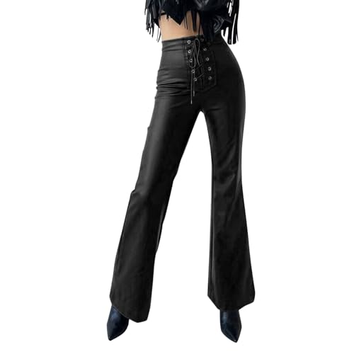Wetlook Lederhose Kunstleder Optik Bootcut Schlaghose in Lederoptik Bootcut High Waist Schlaghosen Jeans Damen Hose PU Leder Ausgestellte Hose Retro Disco 70s 80s Hose von Beokeuioe