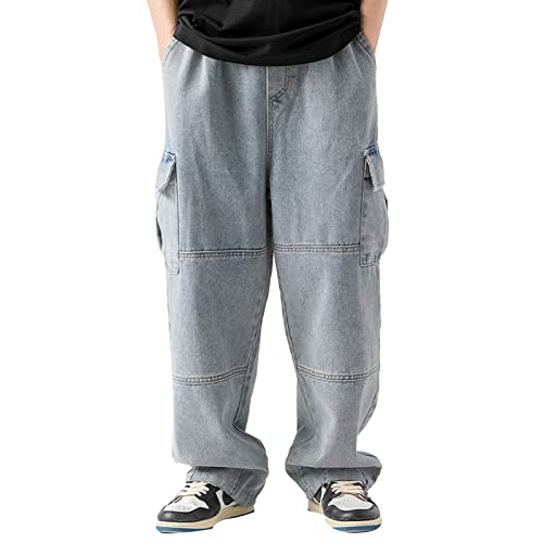 Y2K Baggy Hose Weites Bein Jeans Jungen Jeanshosen für Männer Multi-Pocketed Leg Cap Drawstring Waist Tie Solid Cargo Trousers Lange Jeans Jungenhose von Beokeuioe