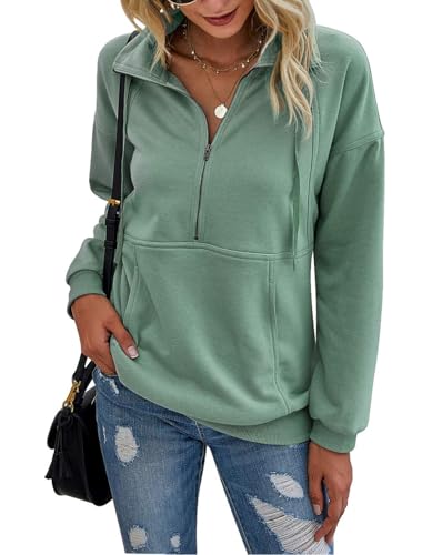 Beonych Sweatshirt Damen Pullover Elegant Langarmshirt Baumwolle Pulli Herbst Winter Casual Sweatjacke Oberteile Langarm mit Taschen (Grün, XXL) von Beonych