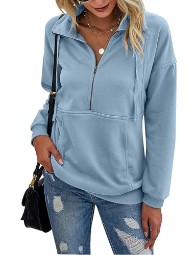 Beonych Sweatshirt Damen Pullover Elegant Langarmshirt Baumwolle Pulli Herbst Winter Casual Sweatjacke Oberteile Langarm mit Taschen (Hellblau, M) von Beonych