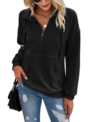 Beonych Sweatshirt Damen Pullover Elegant Langarmshirt Baumwolle Pulli Herbst Winter Casual Sweatjacke Oberteile Langarm mit Taschen (Schwarz, L) von Beonych
