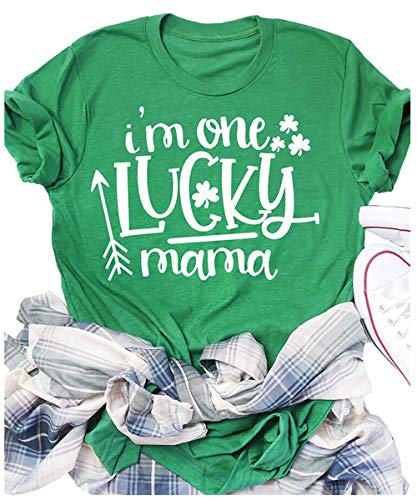 Beopjesk Damen T-Shirt St. Patrick's Day Clover Blessed and Lucky Graphic Tees I'm One Lucky Mama Tops - - Klein von Beopjesk