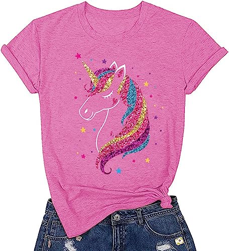 Damen Glitzer Einhorn Shirt Lustiges Geburtstag T-Shirt Niedliche Magische Grafik Tees für Teenager Mädchen, Pink, X-Groß von Beopjesk