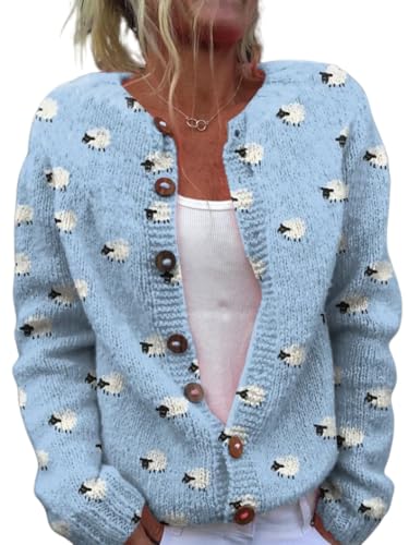 Lustiger Damen-Strickjacke, Herbst, Winter, Tier, Blumenmuster, Weihnachtsbaum, langärmelig, Knopf, Strickjacke, Pullover, Schafblau, X-Groß Lustiger Damen-Strickjacke, Herbst, Winter, Tier, Blumenmuster, Weihnachtsbaum, langärmelig, Knopf, Strickjacke, Pullover, Schafblau, X-Groß von Beopjesk