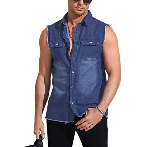 Beotyshow Ärmellose Herren-Denim-Weste, schmale Passform, lässig, Retro-Stil, Knopfleiste, Jeans, Tank-Top, Hell, blau, XL von Beotyshow