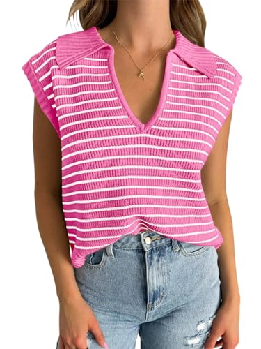 Kurzarmpullover Damen Sommer Loose Fit Strickweste Ärmellos T-Shirts Casual Strick Tops für Frauen, Leuchtend Rosa, XL Kurzarmpullover Damen Sommer Loose Fit Strickweste Ärmellos T-Shirts Casual Strick Tops für Frauen, Leuchtend Rosa, XL von Beotyshow