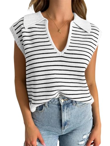 Beotyshow Damen Sommer Pullover Weste V-Hals Kappe Ärmel Tops Kurzarm Strickpullover Casual Tank Tops Frühling Strickweste, Weiß, S von Beotyshow