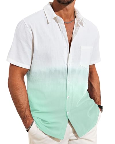 Beotyshow Hemd Herren Gradient Kurzarmhemd Männer Leinenhemden Baumwolle Hawaii Hemden Button Up T-Shirts Freizeithemd Sommer Strand Tops, Mint Grün, XL von Beotyshow