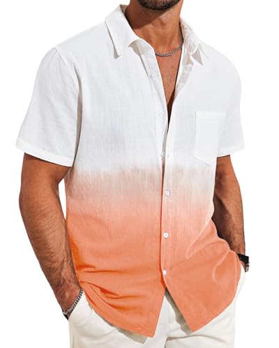 Beotyshow Hemd Herren Gradient Kurzarmhemd Männer Leinenhemden Baumwolle Hawaii Hemden Button Up T-Shirts Freizeithemd Sommer Strand Tops, Orange, L von Beotyshow