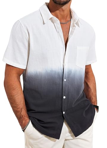 Beotyshow Hemd Herren Gradient Kurzarmhemd Männer Leinenhemden Baumwolle Hawaii Hemden Button Up T-Shirts Freizeithemd Sommer Strand Tops, Schwarz, M von Beotyshow