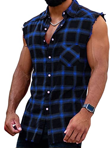 Herren Checkshirt Sleeveless Hemd Kariert Ärmellose Hemden Regular fit Flanellhemd Männer Sommer Baumwollhemd T-Shirt Tank Tops Freizeithemd von Beotyshow