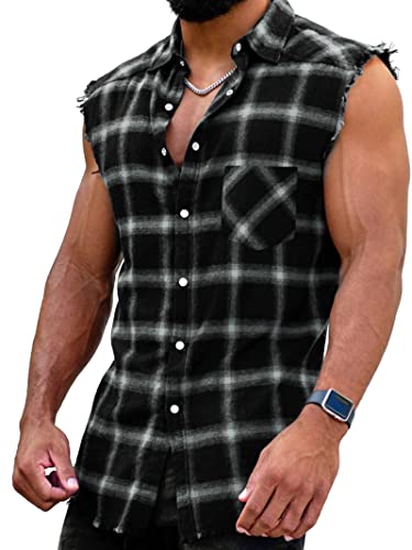 Herren Checkshirt Sleeveless Hemd Kariert Ärmellose Hemden Regular fit Flanellhemd Männer Sommer Baumwollhemd T-Shirt Tank Tops Freizeithemd von Beotyshow