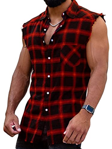 Herren Checkshirt Sleeveless Hemd Kariert Ärmellose Hemden Regular fit Flanellhemd Männer Sommer Baumwollhemd T-Shirt Tank Tops Freizeithemd von Beotyshow