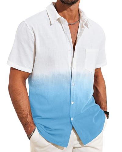 Beotyshow Herren Gradient Leinenhemden Casual Button Down Kurzarm T-Shirts Männer Strand Sommerhemden mit Tasche, Blau, M von Beotyshow